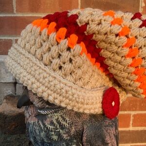 Crochet Handmade Tan/Dark Red/Bright Orange Slouchy Brimmed Hat Women's/Teens